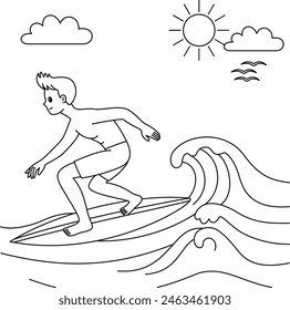 Summer surfer coloring page for kids. Summer outline doodle colouring page isolated on white background. Summer coloring book for kids 