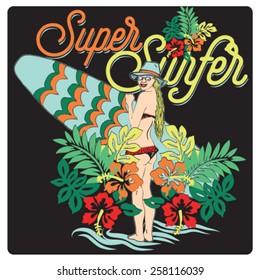 summer surfer girl .Tropical flowers .surfboard.Vector 