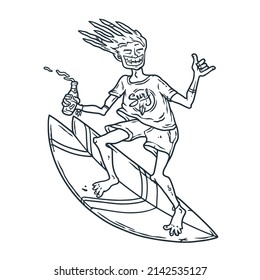 Summer surfer on surf board on wave with shaka, surfing hawaii t-shirt print