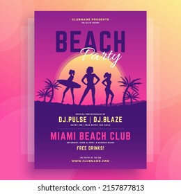 Summer Surfer Woman Silhouette At Sunrise Sunset Bright Neon Sun Paradise Beach Party Poster Template Vector Illustration. Tropical Seasonal Vacation Disco Music Sound Social Event Announcement