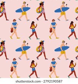 Summer Surfers and Beachgoers Seamless Pattern