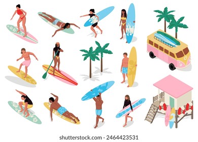 Summer surfing 3d isometric mega set. Collection flat isometry elements of people go on tropical ocean resort or car travel, swimming on surfboards, lifeguard building at beach. Vector illustration.