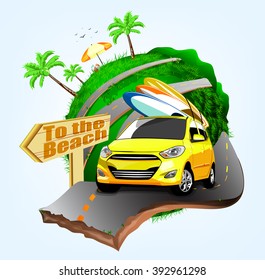 Summer Surfing Adventures Poster Design with Yellow Car Handling Three Surfboards Travel to the Beach in Vector Illustration
