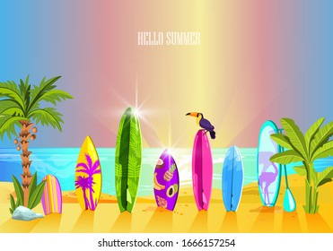 Summer surfing background with ocean, palm, different surfboards, toucan and copy space. Exotic vacation concept in cartoon style. Beach paradise banner for advertisements, web pages, games