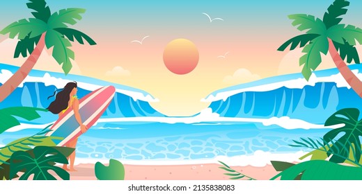 Summer surfing background vector illustration. Big waves and summer beach with the girl holding surfboard