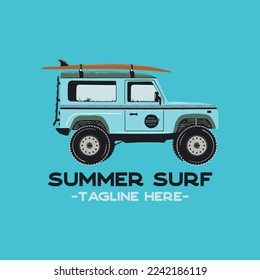 Summer Surfing badge design with surf car, surfboard. Travel logo graphics. Stock vector camping label