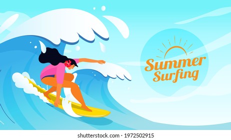 Summer Surfing banner poster design. female surfer riding wave vector illustration