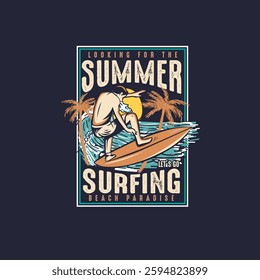 Summer Surfing Beach Paradise nature surfer retro vector illustration poster design