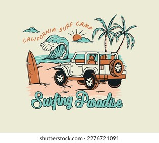 summer surfing beach print design, surfing island with SUV car vector illustration, surfing adventure print design with typography, surf beach retro vintage artwork