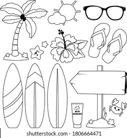 Summer Surfing Beach Set. Vector Black And White Coloring Page.