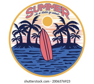 Summer surfing beach vector design. Surf board artwork for apparel and others. Paradise sticker illustration.  