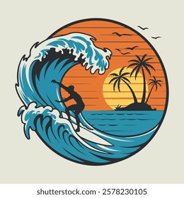 Summer Surfing Beach Vector Illustration T-Shirt Design