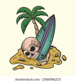 
Summer surfing boad and crack skull vintage design