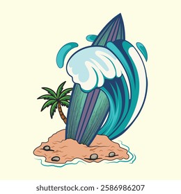 Summer Surfing boad with water wave illustration design.