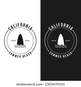 Summer Surfing california vintage retro logo with surfboard and waves concept.Logo for label, summer holiday, business, badge.