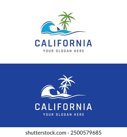 Summer Surfing california vintage retro logo with surfboard and waves concept.Logo for label, summer holiday, business, badge.
