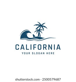 Summer Surfing california vintage retro logo with surfboard and waves concept.Logo for label, summer holiday, business, badge.
