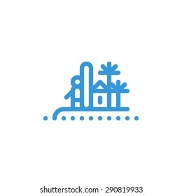 Summer surfing camp and school, surfers on island with palms icon and logo vector illustration
