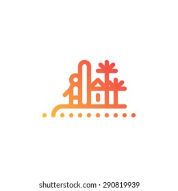 Summer surfing camp and school, surfers on island with palms icon and logo vector illustration