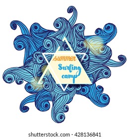 Summer Surfing Camp  typographic template with waves and sun flare brochure design, T-shirt Print or Party Flayer Poster
