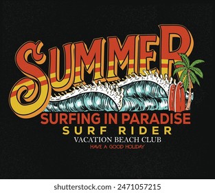 Summer surfing club artwork. Beach t shirt design. Beach slogan typography artwork.