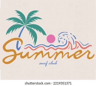 Diseño de camisetas vectoriales del club de surf de verano. Obra artística de olas de surf. Diseño vectorial del paraíso de la palma.