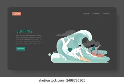 Summer surfing concept. Two surfers ride a wave, capturing the thrill of ocean sports. Dynamic seaside leisure activity. Vector illustration.