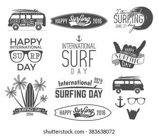 Summer surfing day graphic elements. Vector Vacation typography emblems set. Surfer party with surf symbols - shaka sign, rv style car, board graphic, palms. Best for web design or print on t-shirt.