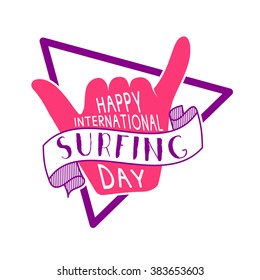 Summer surfing day tattoo design. Vector Vacation typography print emblem. Surfer party with surf symbol - shaka sign. Best for web design or print on t-shirt.