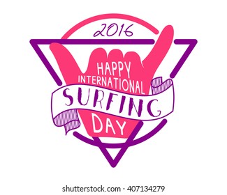 Summer surfing day tattoo design. Vector Vacation typography print emblem. Surfer party with surf symbol - shaka sign. Best for web design or print on t-shirt. Nice palette.