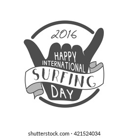 Summer surfing day tattoo design. Vector Vacation monochrome design typography print emblem. Surfer party with surf symbol - shaka sign. Best for web design or printing on t-shirt. Tee design