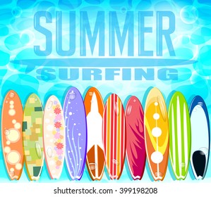 Summer Surfing Design with Set of Colorful Surfboards Floating in the Blue Water Background. Vector Illustration
