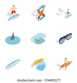 Summer surfing elements icons set. Isometric 3d illustration of 9 summer surfing elements vector icons for web