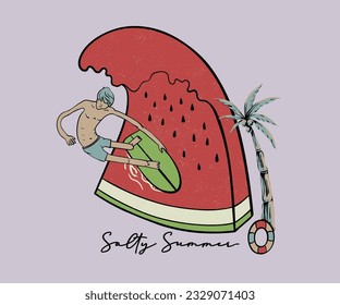 summer surfing graphic print design, guy surfing on watermelon vector illustration, funny surfing t shirt design, summer beach design for t shirt, sticker, poster