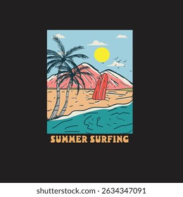 Summer Surfing hand drawn nature scenery vector illustration
