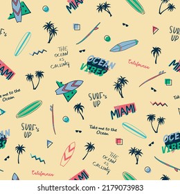 Summer surfing hand-drawn vector print seamless pattern