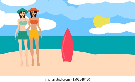 Summer surfing illustration of girls 