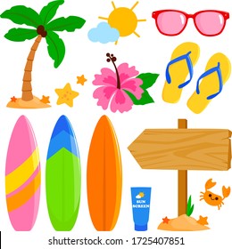 Summer surfing object collection. Vector illustration set.