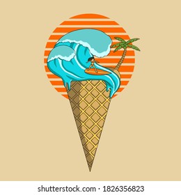 Summer surfing on Ice Cream Wave Illustration