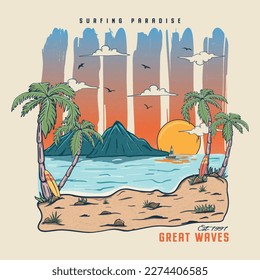 Summer Surfing Paradise Summer Great waves vector Palm tree, sunset, sunrise, surfboard, vector graphic print design. Summer paradise Vibes Great Waves. Summer vibes tropical graphic print design.