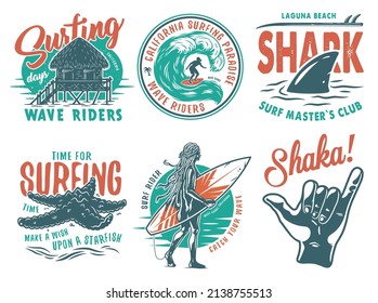 Summer surfing print set with surfer on wave. shaka, shark starfish on coast and surfboard. Vector t-shirt hawaii apparel design