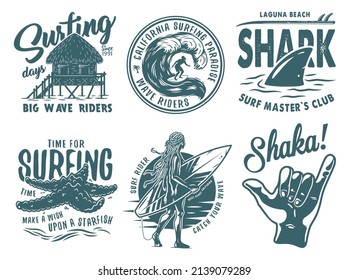 Summer surfing print set with surfer on wave. shaka, shark starfish on coast and surfboard. Vector t-shirt hawaii apparel design