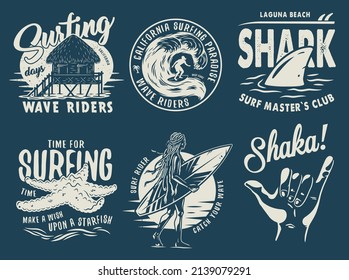 Summer surfing print set with surfer on wave. shaka, shark starfish on coast and surfboard. Vector t-shirt hawaii apparel design