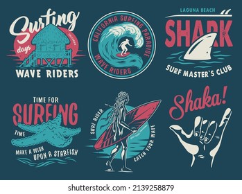 Summer surfing print set with surfer on wave. shaka, shark starfish on coast and surfboard. Vector t-shirt hawaii apparel design