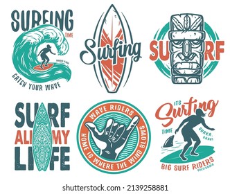 Summer surfing print set with surfer on wave. shaka, tiki mask and surfboard. Vector colored t-shirt hawaii apparel design