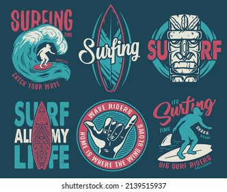 Summer Surfing Print Set With Surfer On Wave. Shaka, Tiki Mask And Surfboard. Vector T-shirt Hawaii Apparel Design