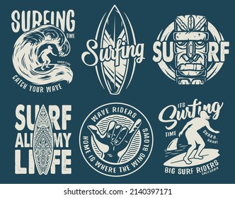 Summer surfing print set with surfer on wave. shaka, tiki mask and surfboard. Vector t-shirt hawaii apparel design