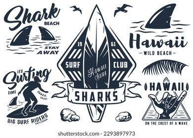 Summer surfing print set with surfer on wave. shaka, tiki mask and surfboard. Vector colored t-shirt hawaii apparel design