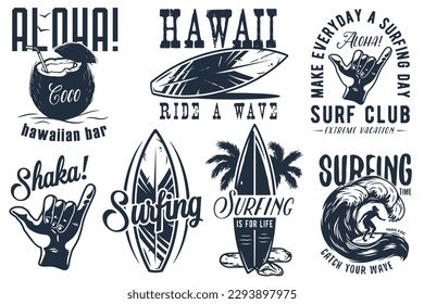 Summer surfing print set with surfer on wave. shaka, tiki mask and surfboard. Vector colored t-shirt hawaii apparel design