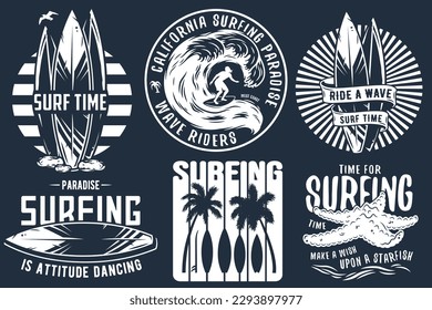 Summer surfing print set with surfer on wave. shaka, tiki mask and surfboard. Vector colored t-shirt hawaii apparel design